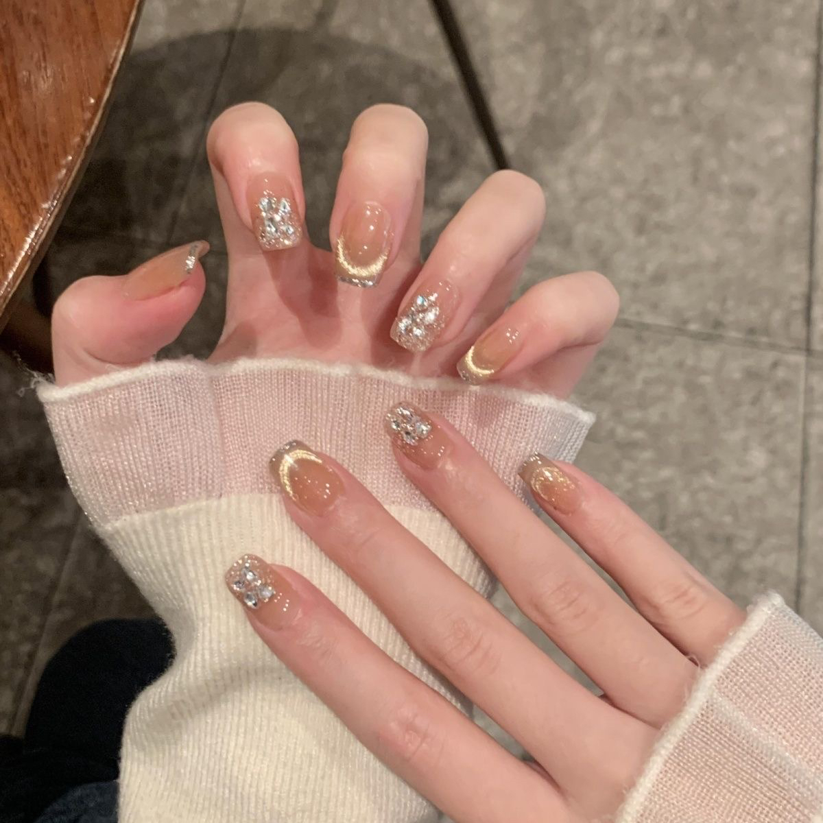 【阳光序曲】早春微笑法式猫眼拼钻显白纯手工穿戴甲百搭学生美甲