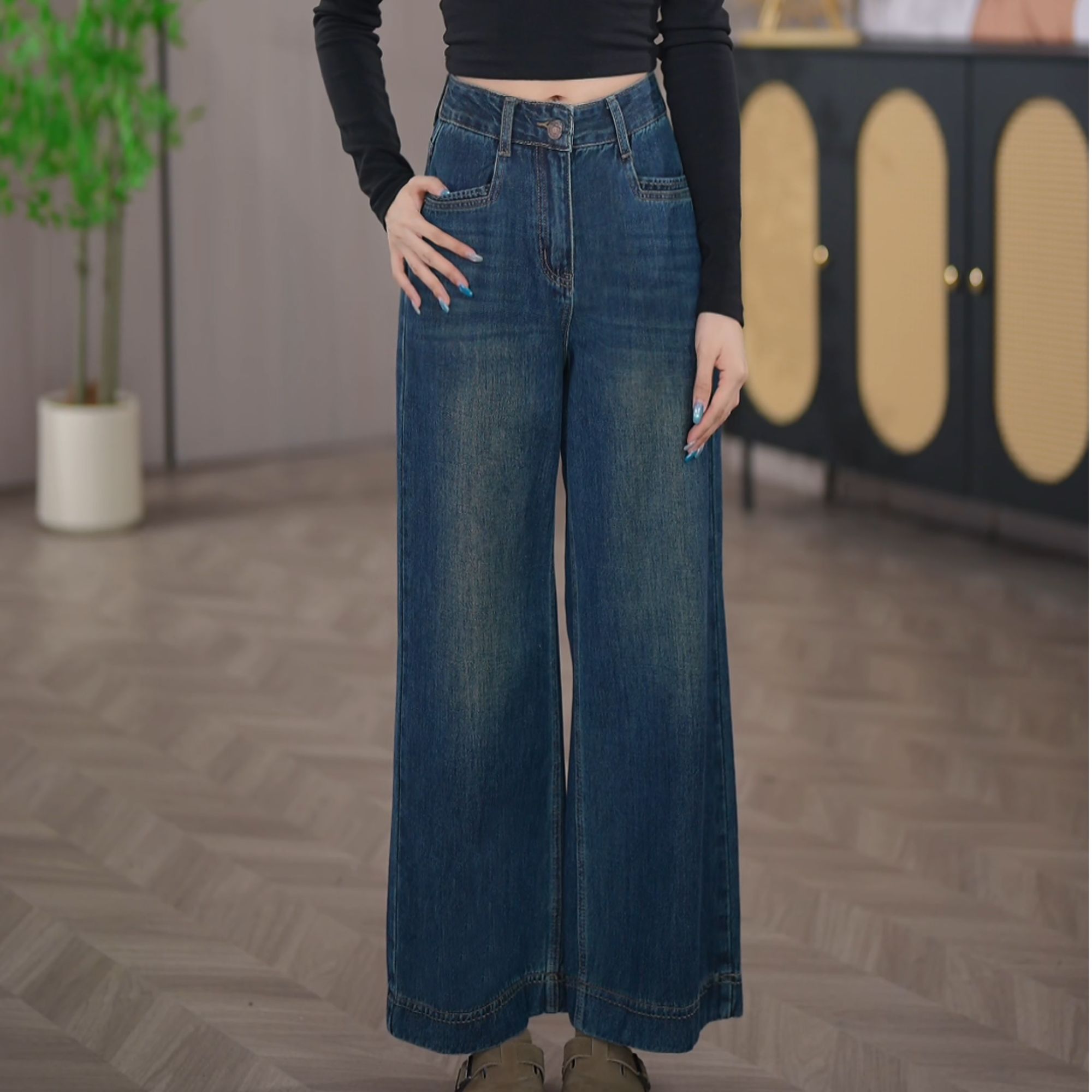 7856深蓝色窄版阔腿牛仔裤女春秋新款高腰宽松显瘦垂感翻边直筒裤