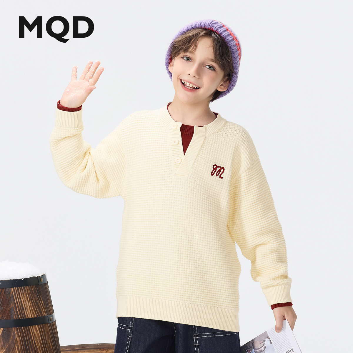 MQD男童25冬新款学院街潮撞色领口半开襟针织衫儿童毛衣9654W0739