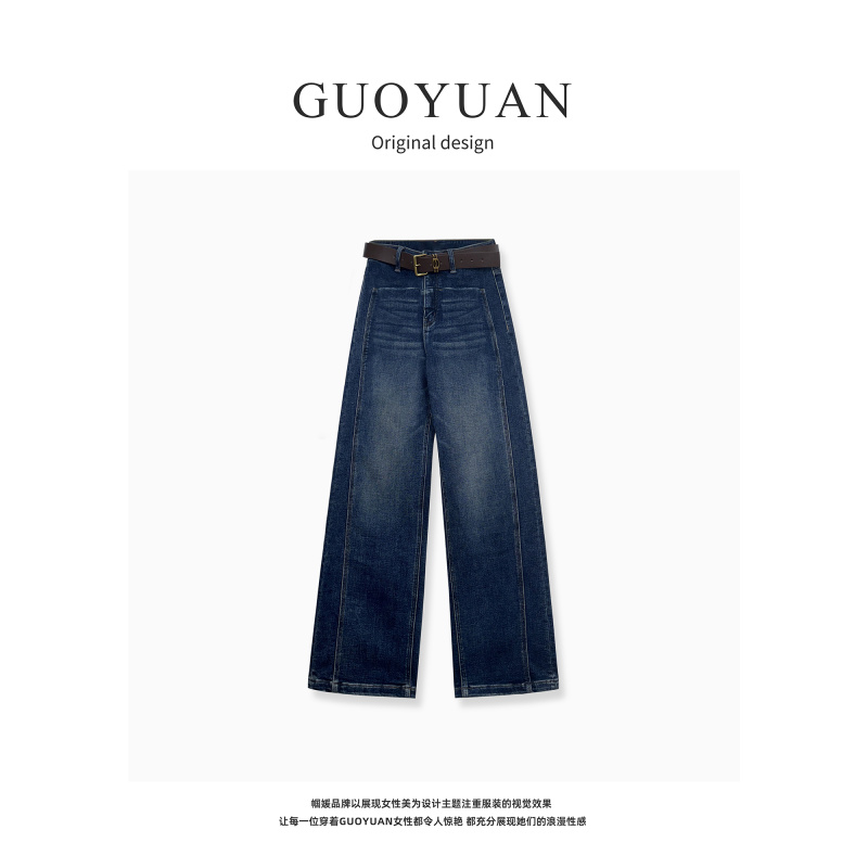 GUOYUAN土耳其牛仔梨形福音复古蓝猫须洗水显瘦直筒牛仔裤KZ2279