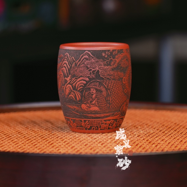 宜兴全手工紫砂茶具原矿红降坡泥料刻绘独钓江雪江南主人杯品茗杯