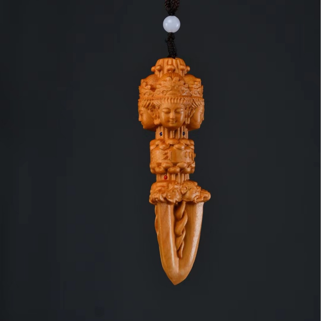 落地摆件崖柏金刚杵挂件 木雕四面佛六字真言佛珠diy镶嵌创意礼品