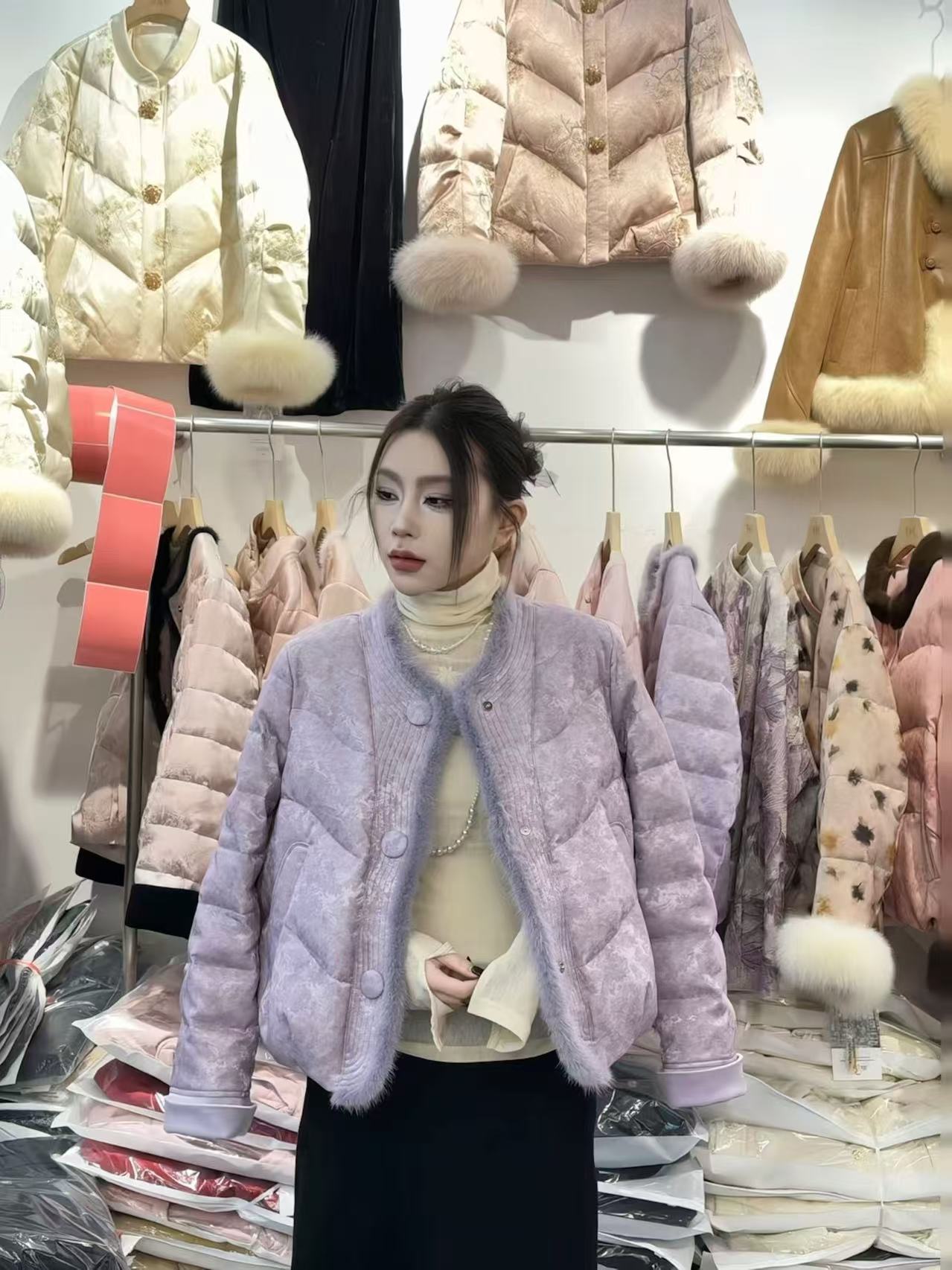 【6990#预售】修身型薄款拼接长袖羽绒服短外套女款冬季