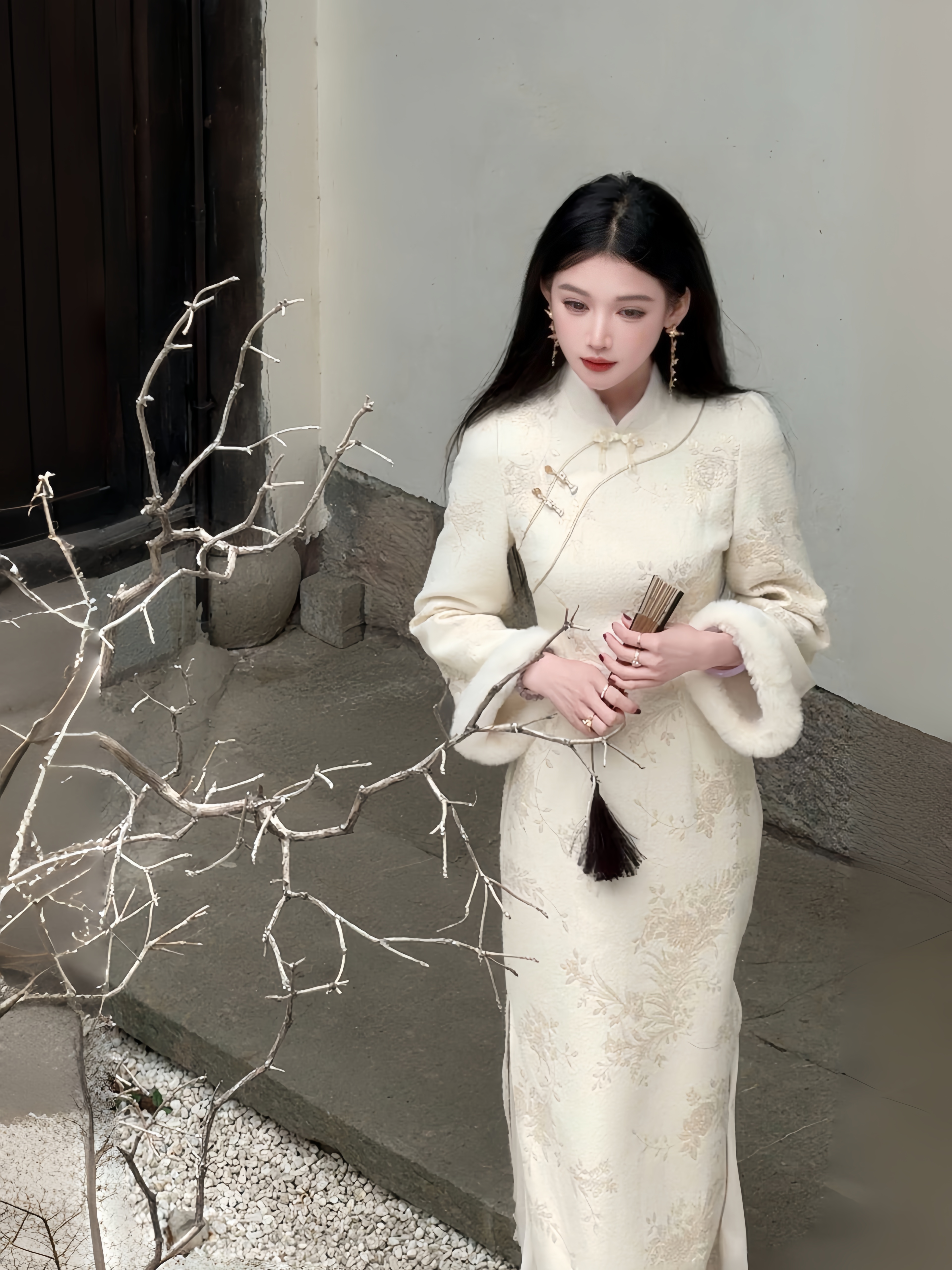 雪榕牡丹'新中式套装裙秋冬装雪尼尔加绒改良旗袍长袖连衣裙