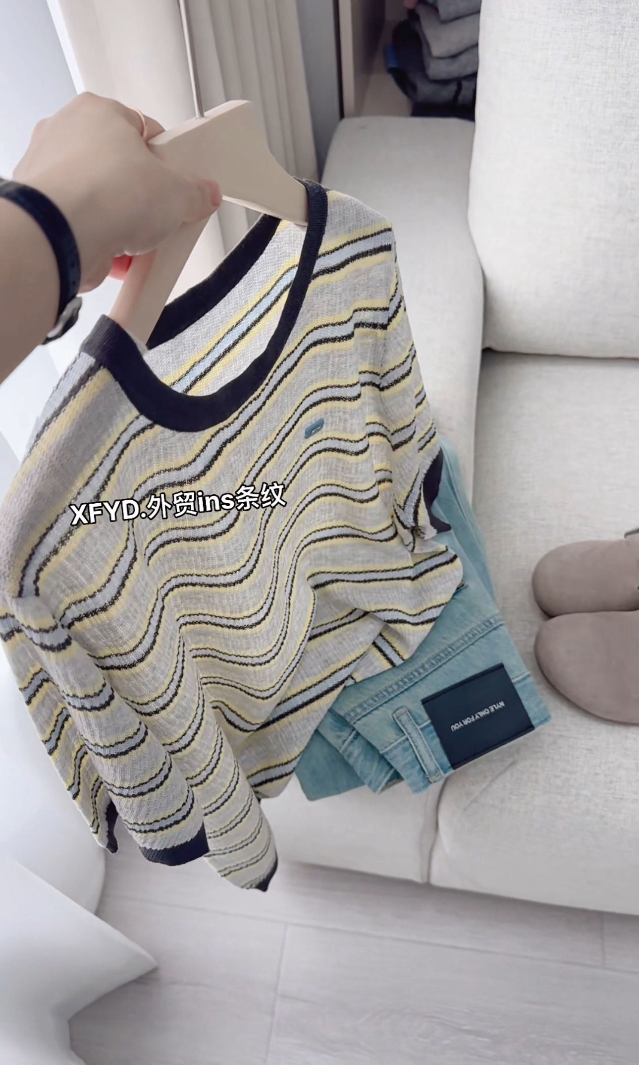 小朵家 ins穿搭#减龄外贸亚麻条纹短袖1890