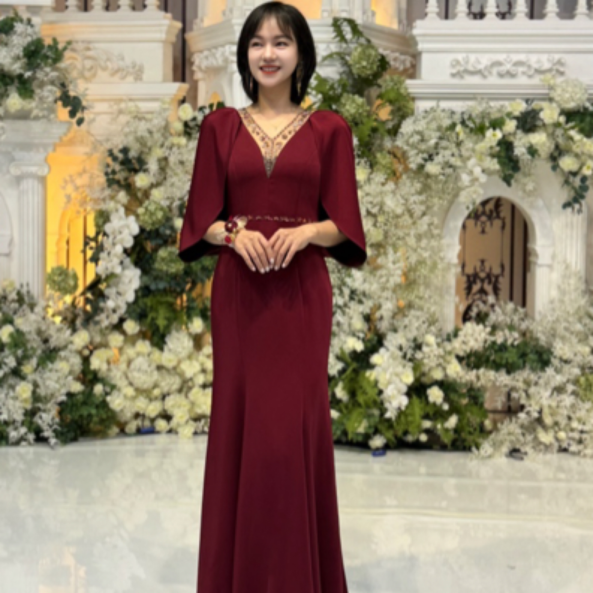 深V领高腰斜襟一字肩V领短袖礼服结婚气质优雅婚宴夏季妈妈装