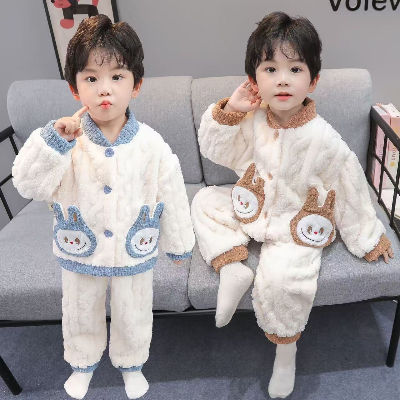 儿童睡衣男童秋冬季法兰绒保暖衣服男孩拉布布毛绒家居服开衫套装