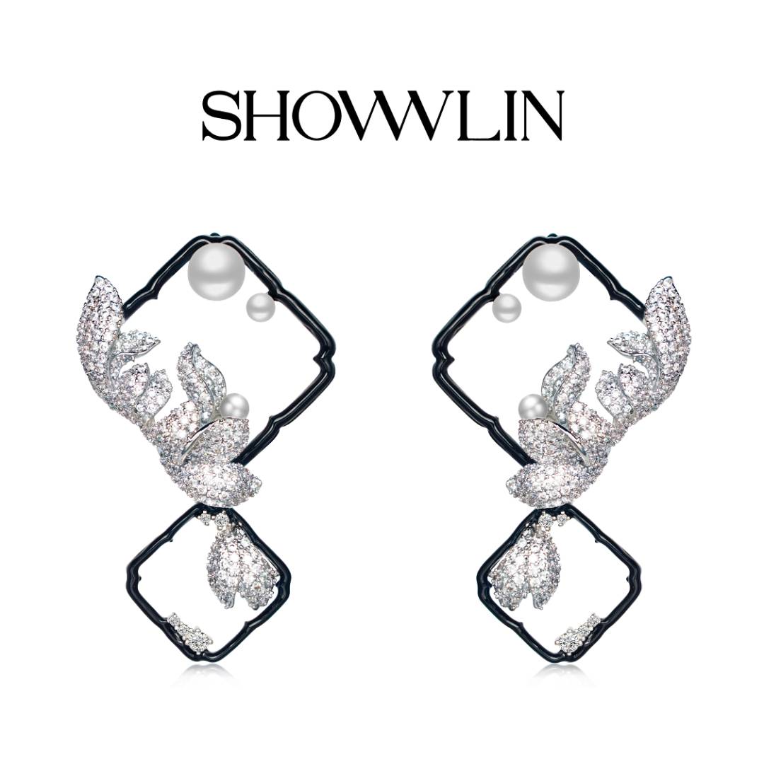 ShownLin 铜合金合成锆石耳饰 月映昙花耳饰气质轻奢时尚小众国风