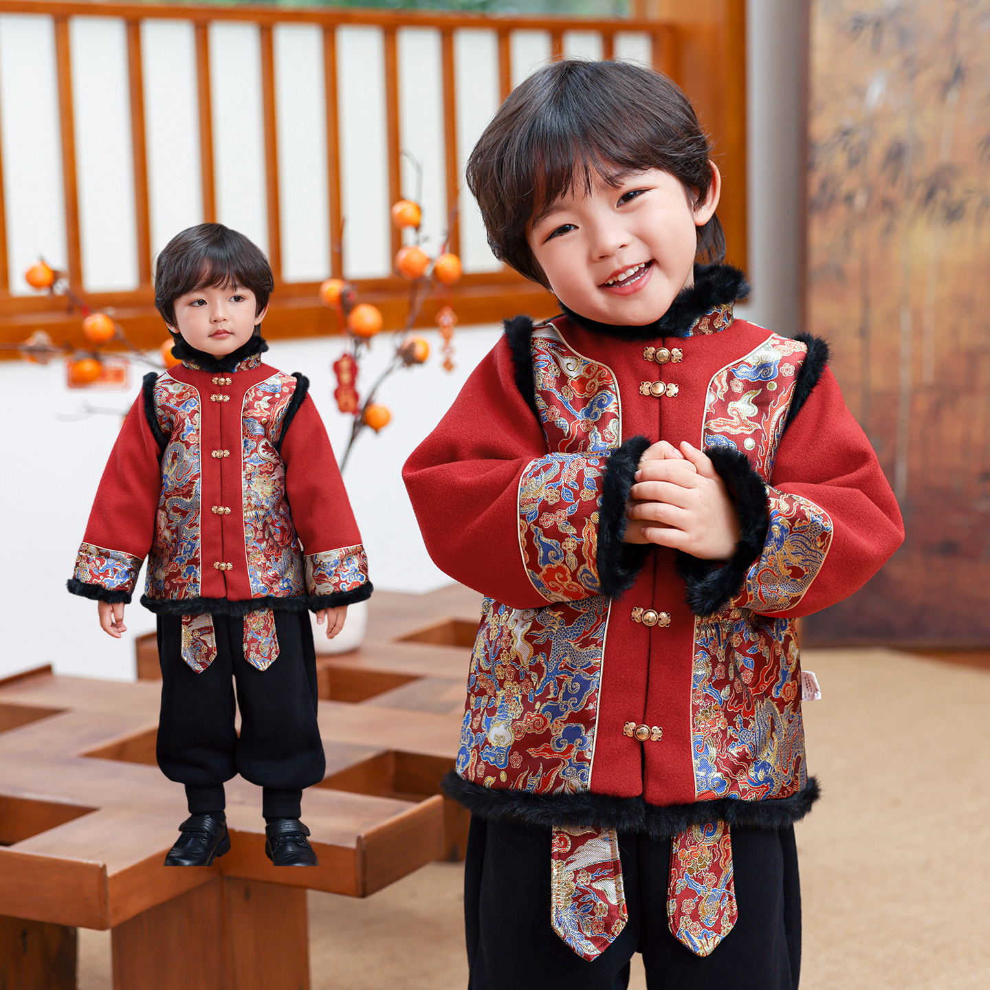 拜年服男童过年喜庆衣服2026冬季男孩红色夹棉加厚冬装新年服7283