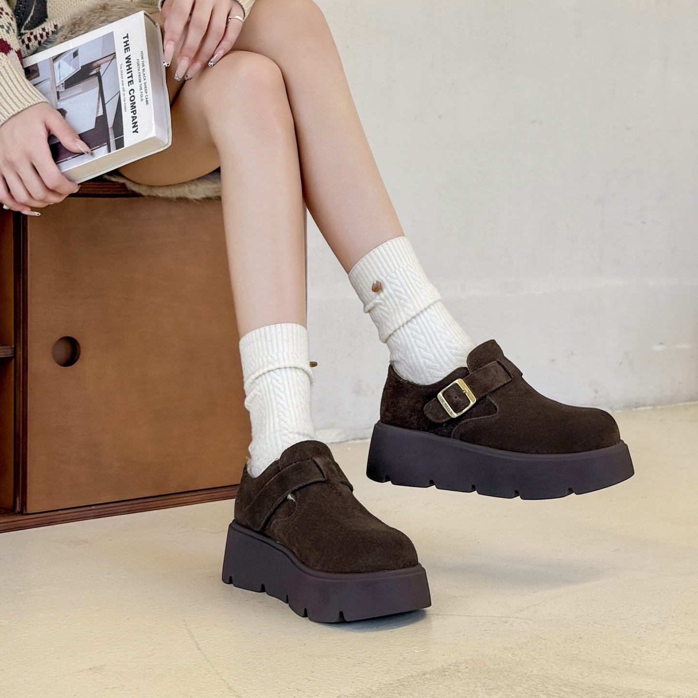 勃肯鞋厚底增高皮带扣羊羔绒鞋垫呢绒休闲鞋冬新款