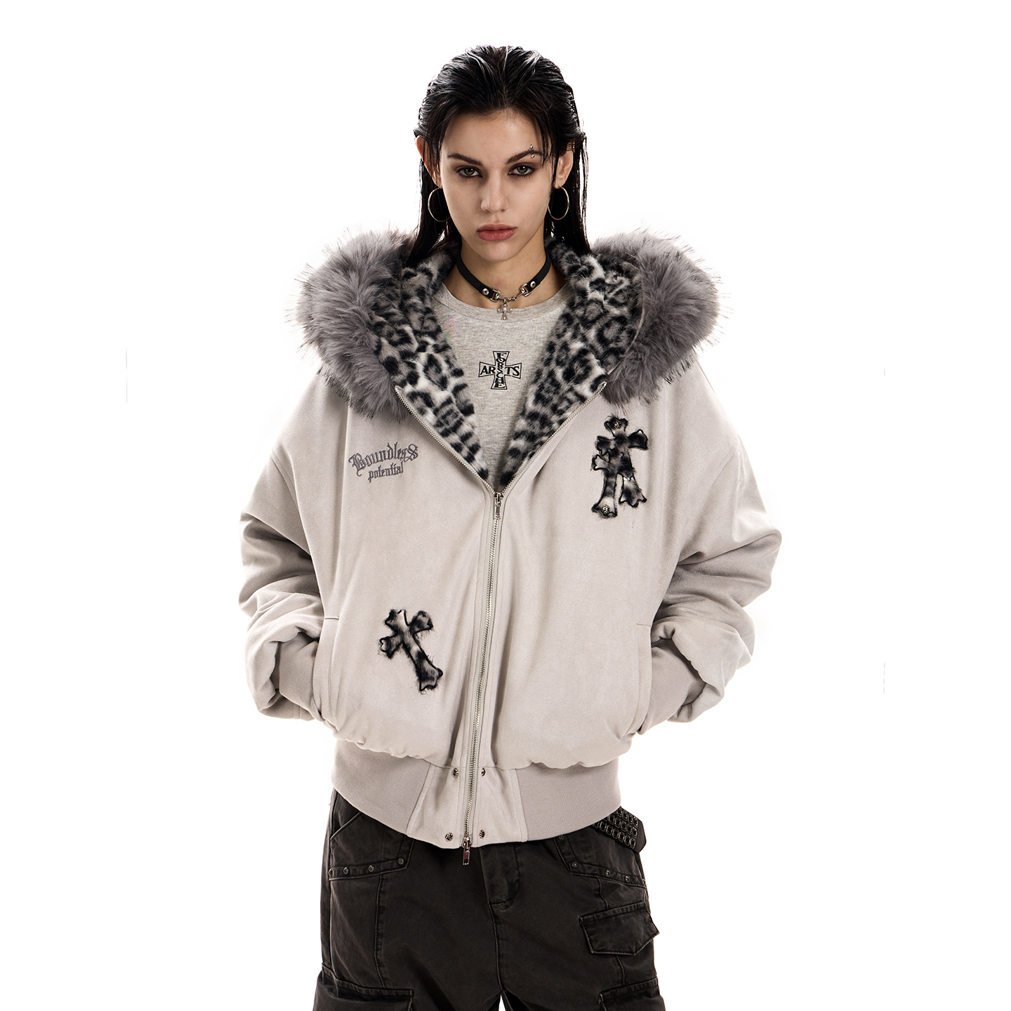 0123start 复古豹纹十字连帽外套高街设计感宽松毛领棉服棉衣秋冬