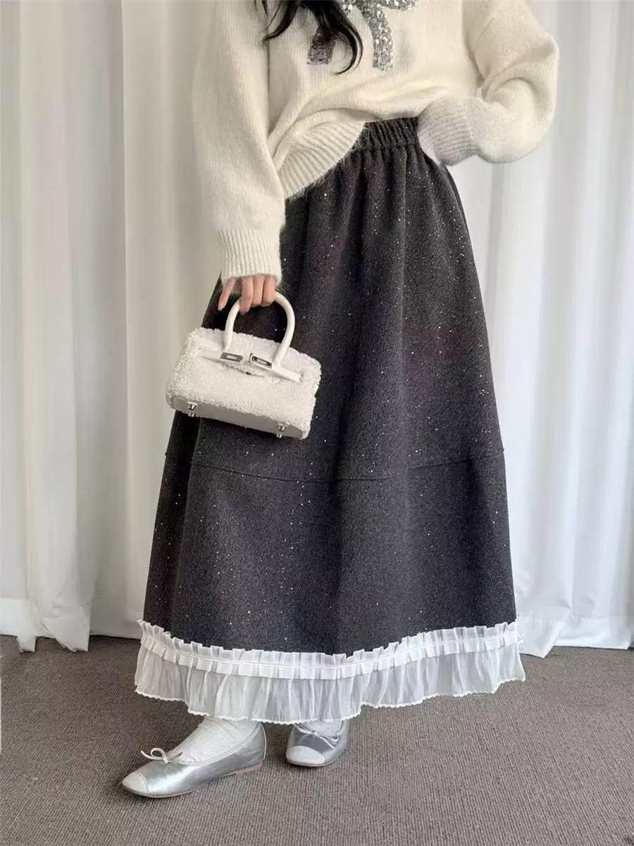 冬天配大衣的裙子miu里miu气小个子显瘦灰色蕾丝花边a字半身裙女