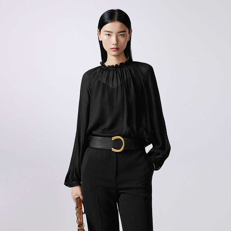 LANCY/朗姿2025年秋新款木耳边立领灯笼袖黑色衬衫女气质通勤上衣