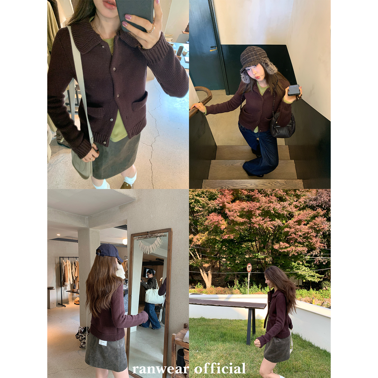 Ranwear'感觉至上'气质小翻领双口袋撞色扣双层加厚针织开衫毛衣