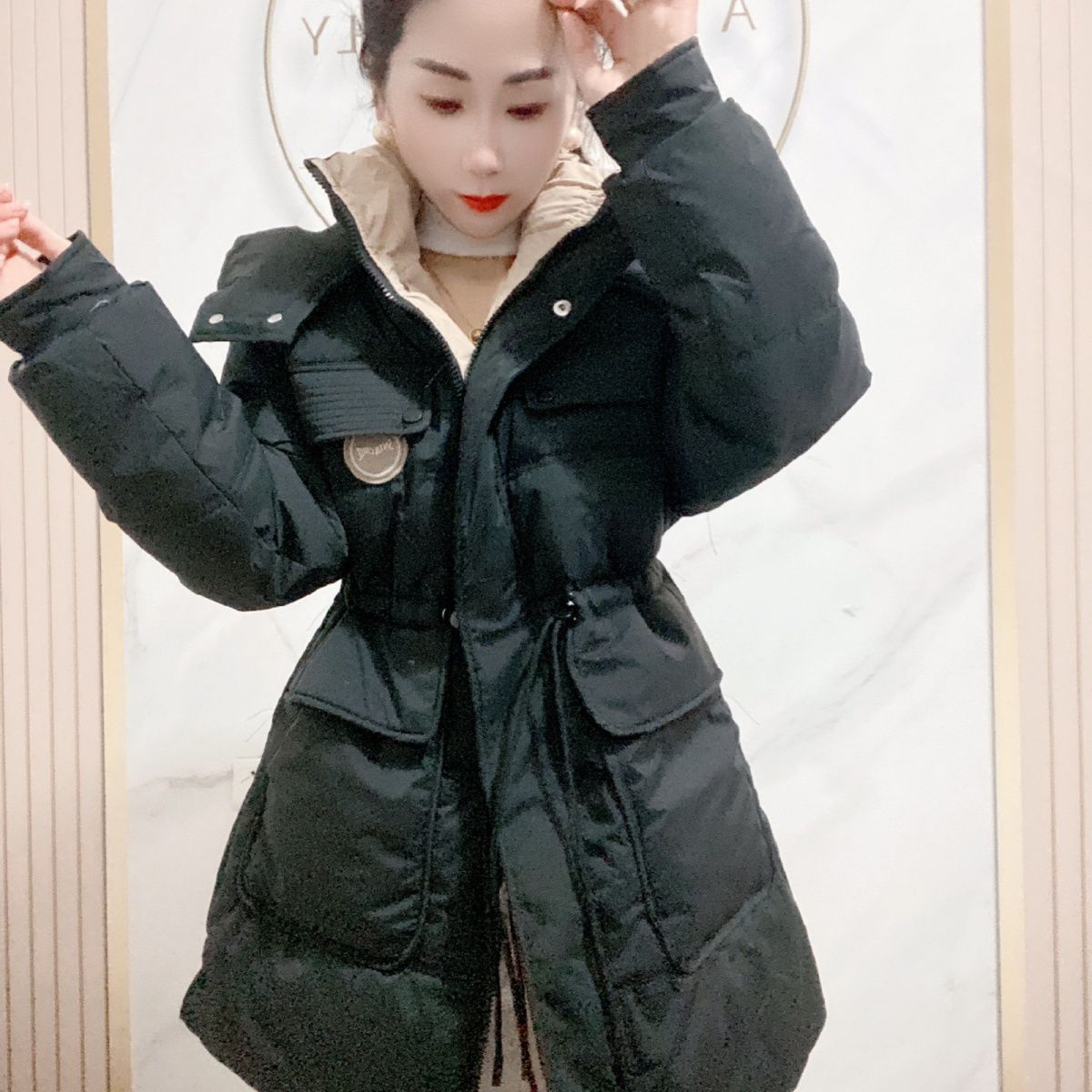 长款休闲连帽秋冬见外包装冬季宽松中长款保暖黑色收腰加厚-A88