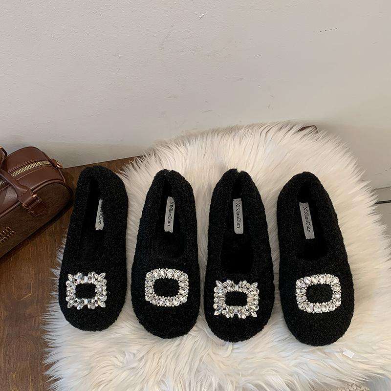 【万达撤柜】软平底一脚蹬毛毛鞋女2024秋冬新款水钻方扣豆豆鞋加