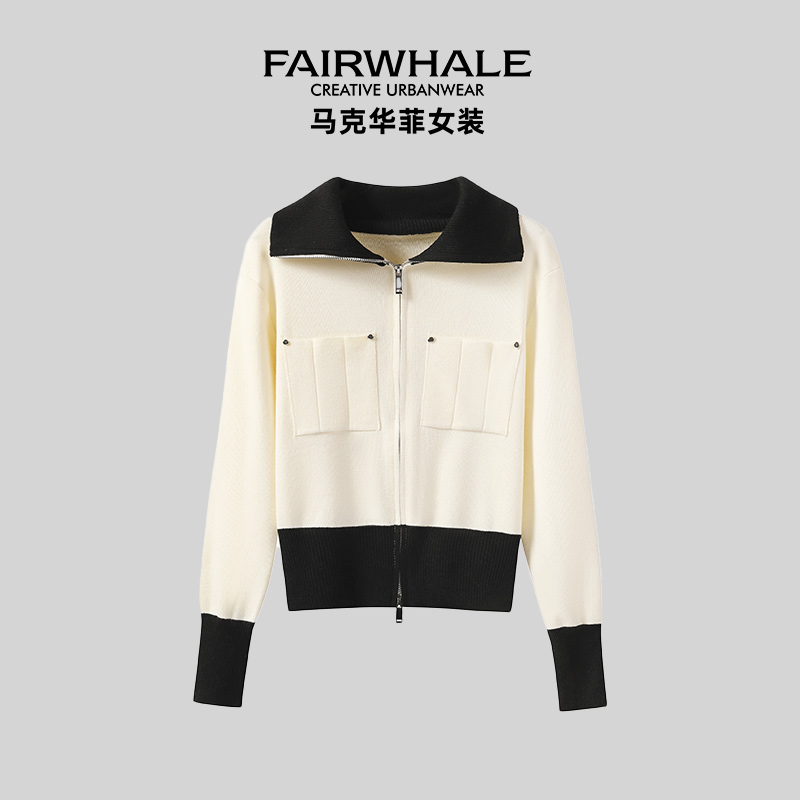 马克华菲QQ女装翻领长袖拼色显瘦开衫条纹拼接开衫F53004A541