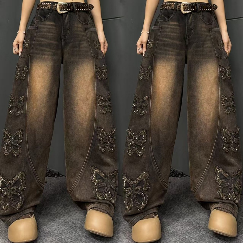 2025秋季蝴蝶烫钻弯刀牛仔裤显瘦宽松复古做旧蝴蝶弯刀裤-0670
