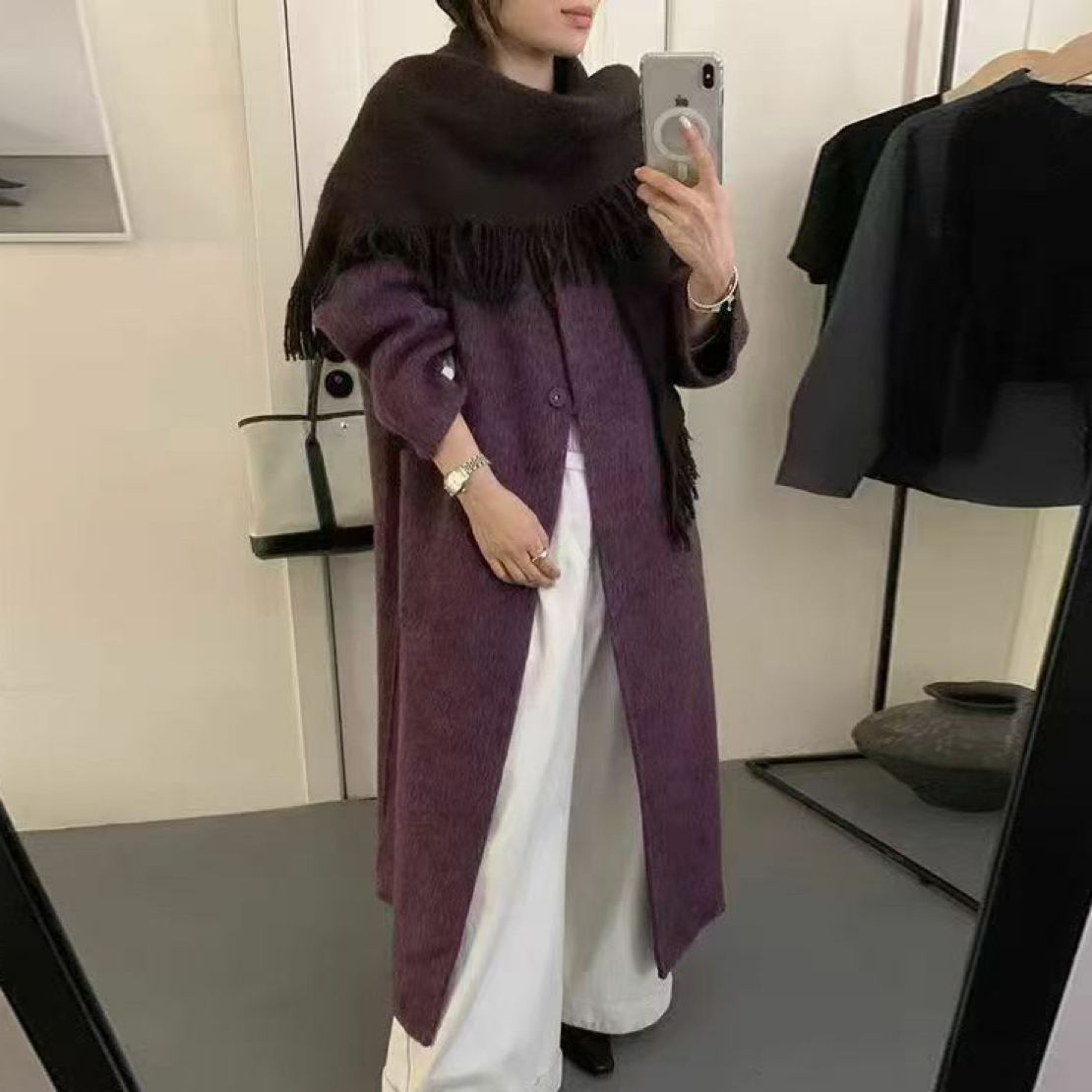2025秋冬新款苏力羊驼毛双面羊绒大衣女士中长款带围巾羊毛呢外套