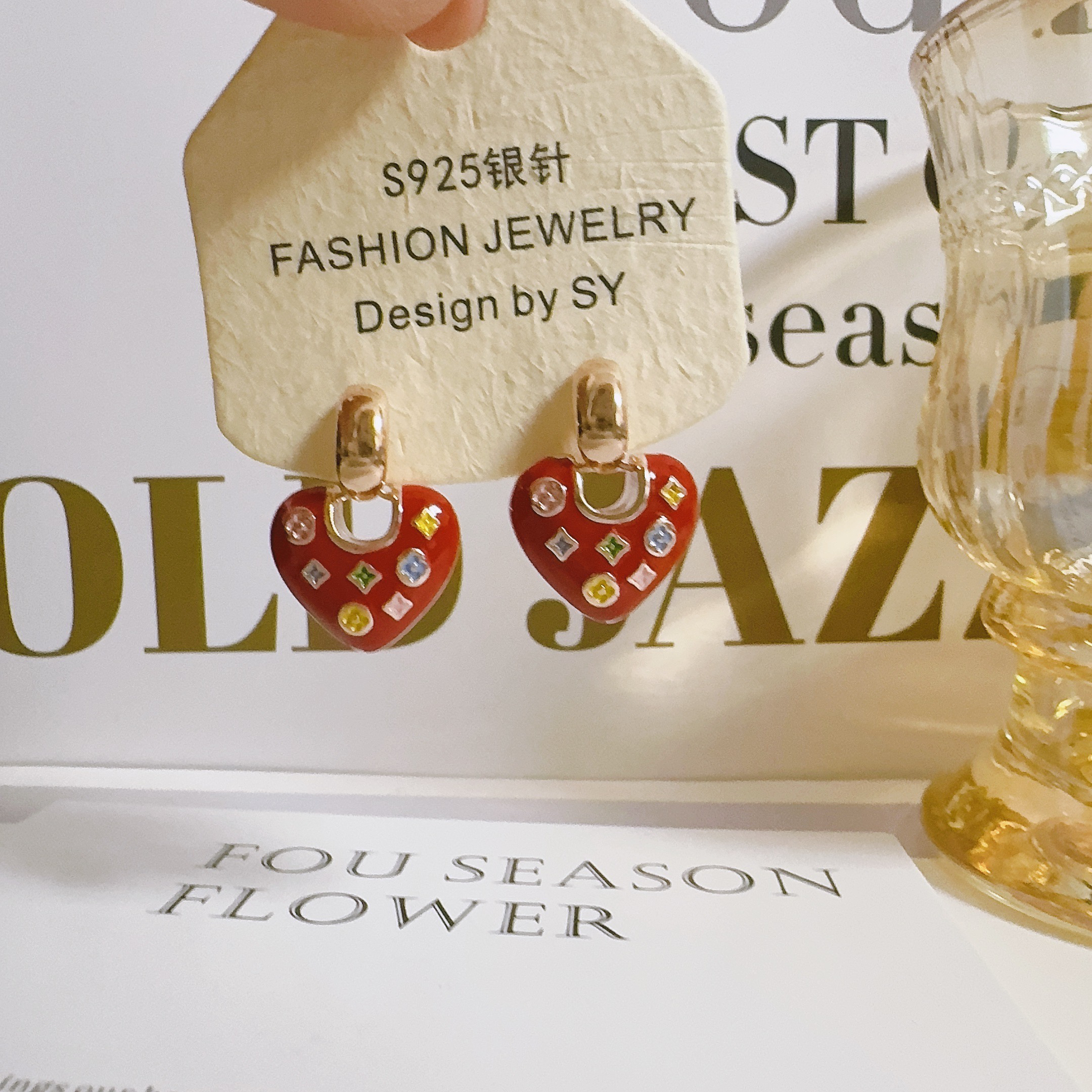 铜合金耳饰 8035 红色爱心滴油耳钉