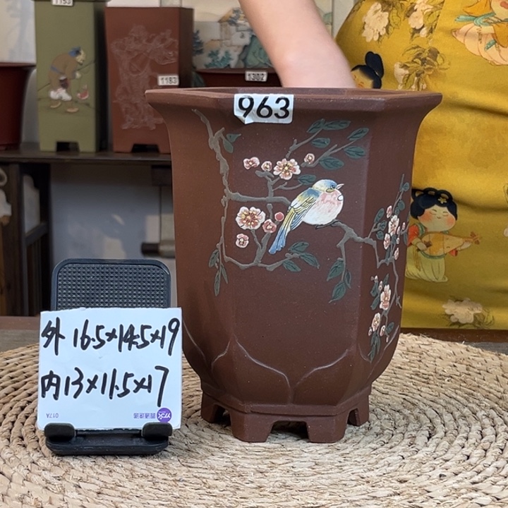 紫砂花盆  放漏紫泥彩绘一路繁花六方963