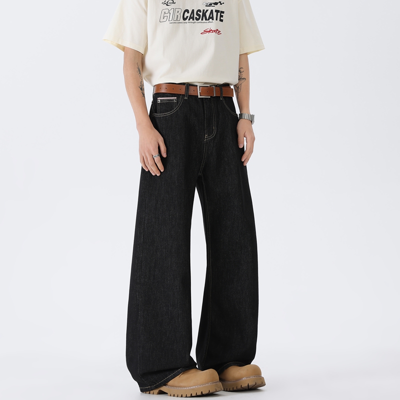 美式cleanfit原牛深蓝色复古经典宽松牛仔裤男女高街直筒黑色长裤