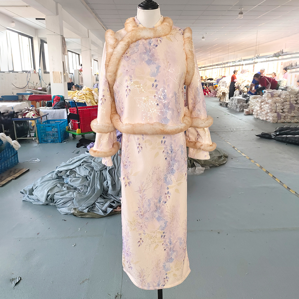 秋冬旗袍紫花常规袖长袖印花中国风常规款蕾丝101