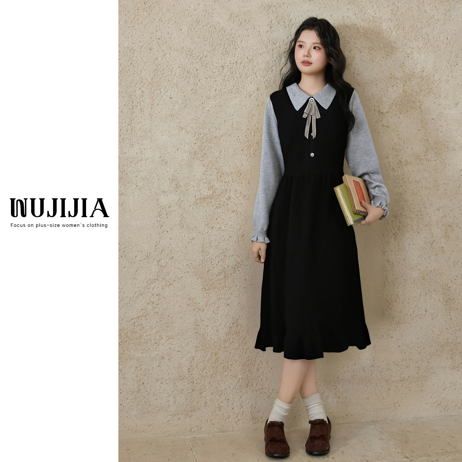 【五季家大码】秋冬加厚针织拼接毛衣黑色连衣裙时尚长裙GZG7387