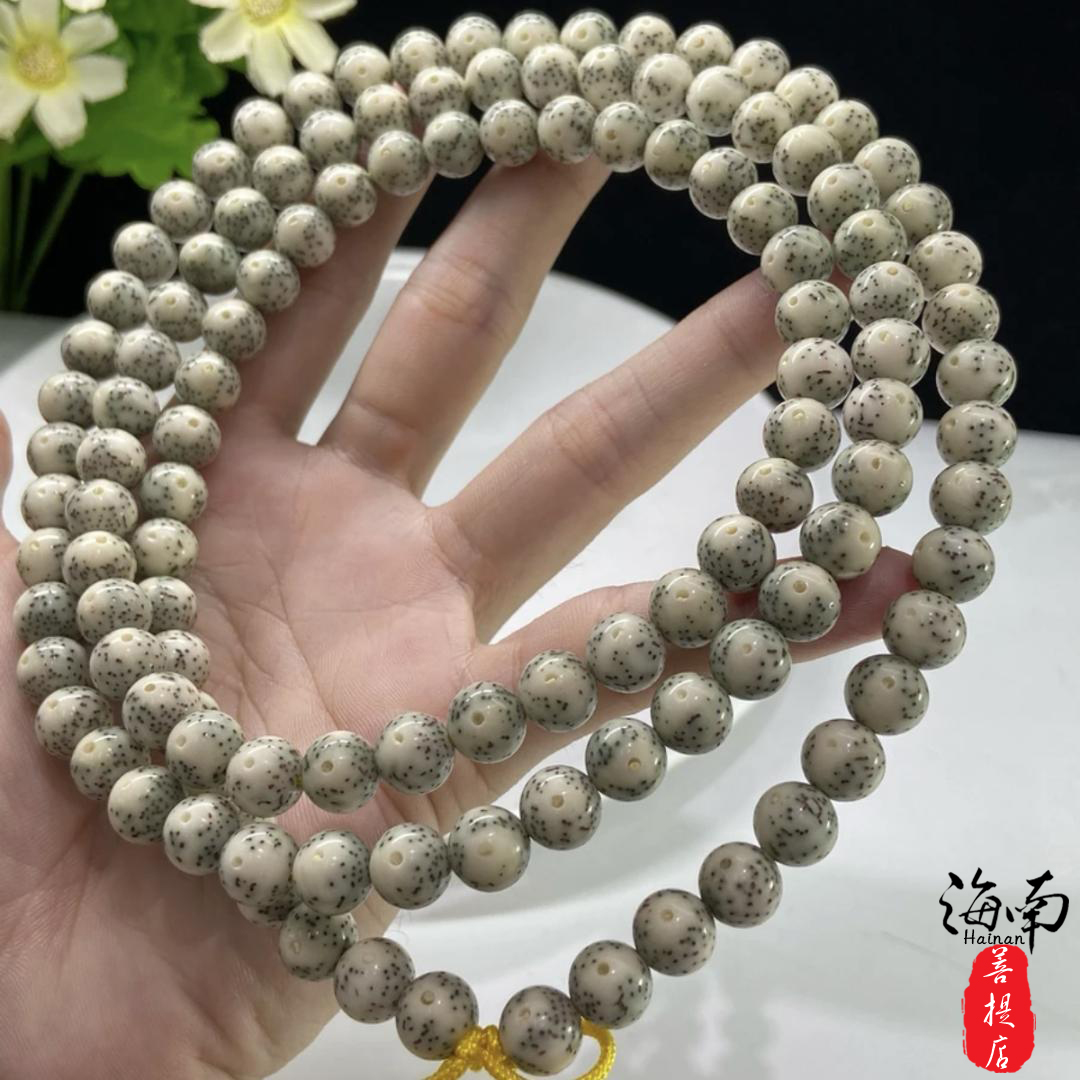 海南原生态星月长串同枝石玉料绿幽灵大留白卡8文玩必备菩提手串