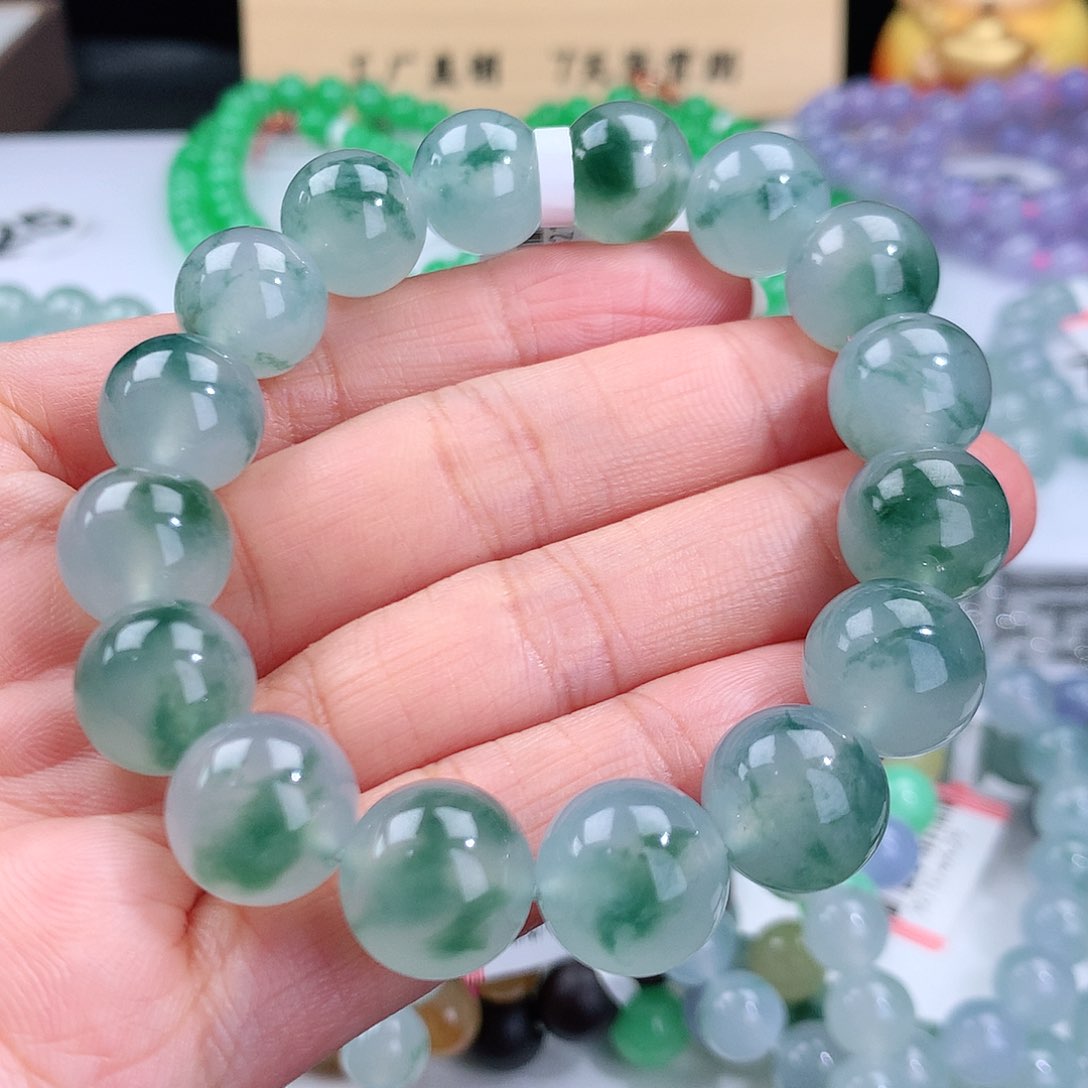 翡翠手链未镶嵌卡13mm正冰胶晴蓝底飘花