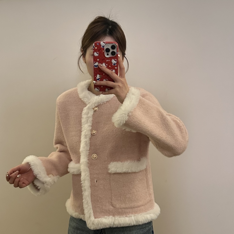 新款气质时尚短款百搭时尚法式女装小香风-B550粉白