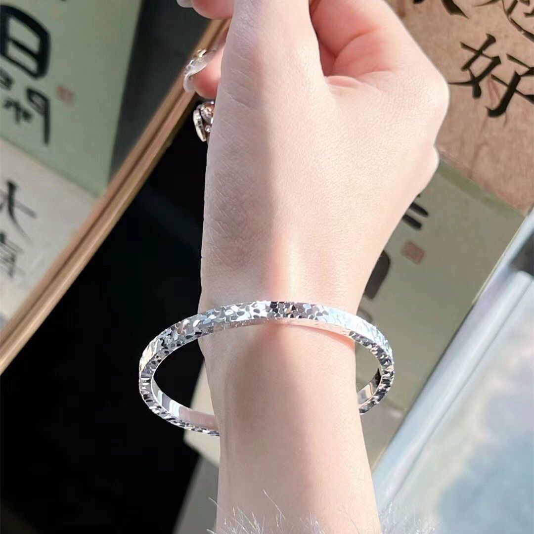 足银手镯  足银9999三面碎冰冰闭口实心送女友手工时尚气质银手镯