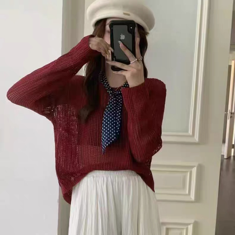 【配丝巾】镂空薄款夏季秋季针织女毛针织衫秋冬红色百搭度假风#739
