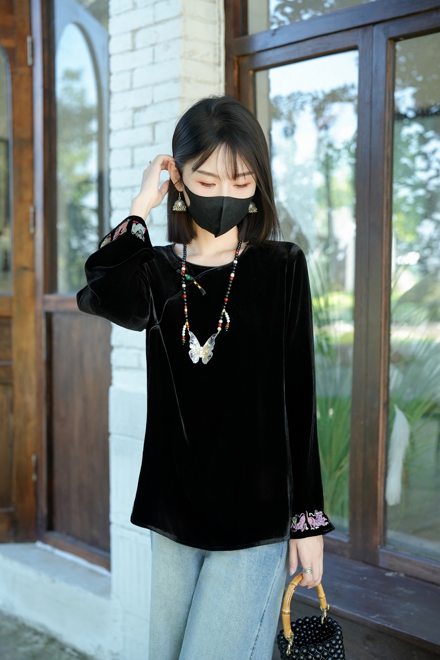 绒绣 斜襟圆领黑色刺绣款长袖中国风提花女士上衣薄款 ZR-1177