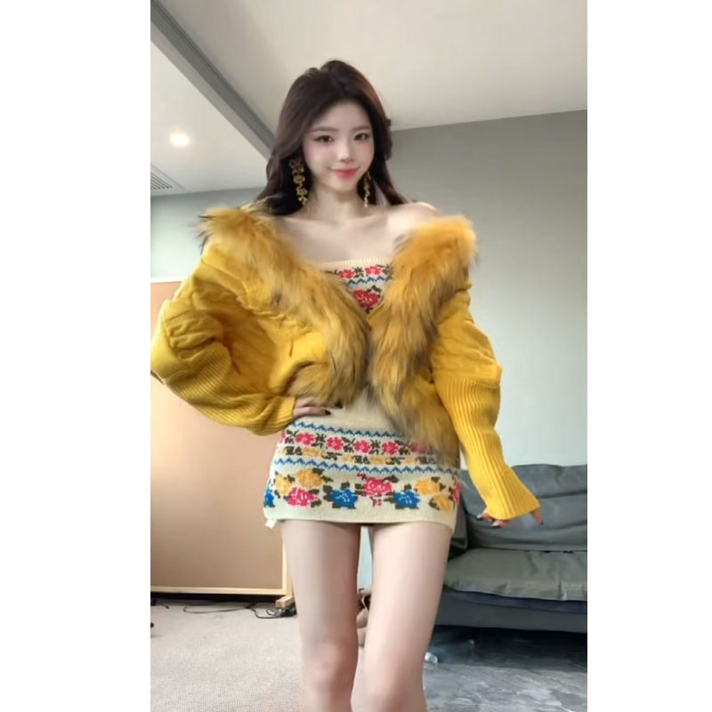 2025秋冬新款复古撞色玫瑰费尔岛针织紧身包臀抹胸连衣裙配外套