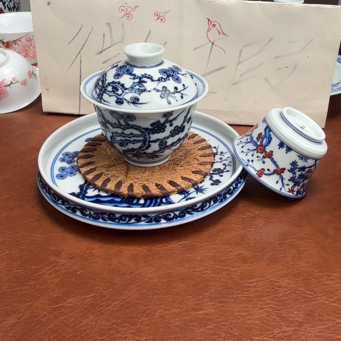 F***K陶摆件微瑕松竹梅盖碗➕壶承送一个小杯子