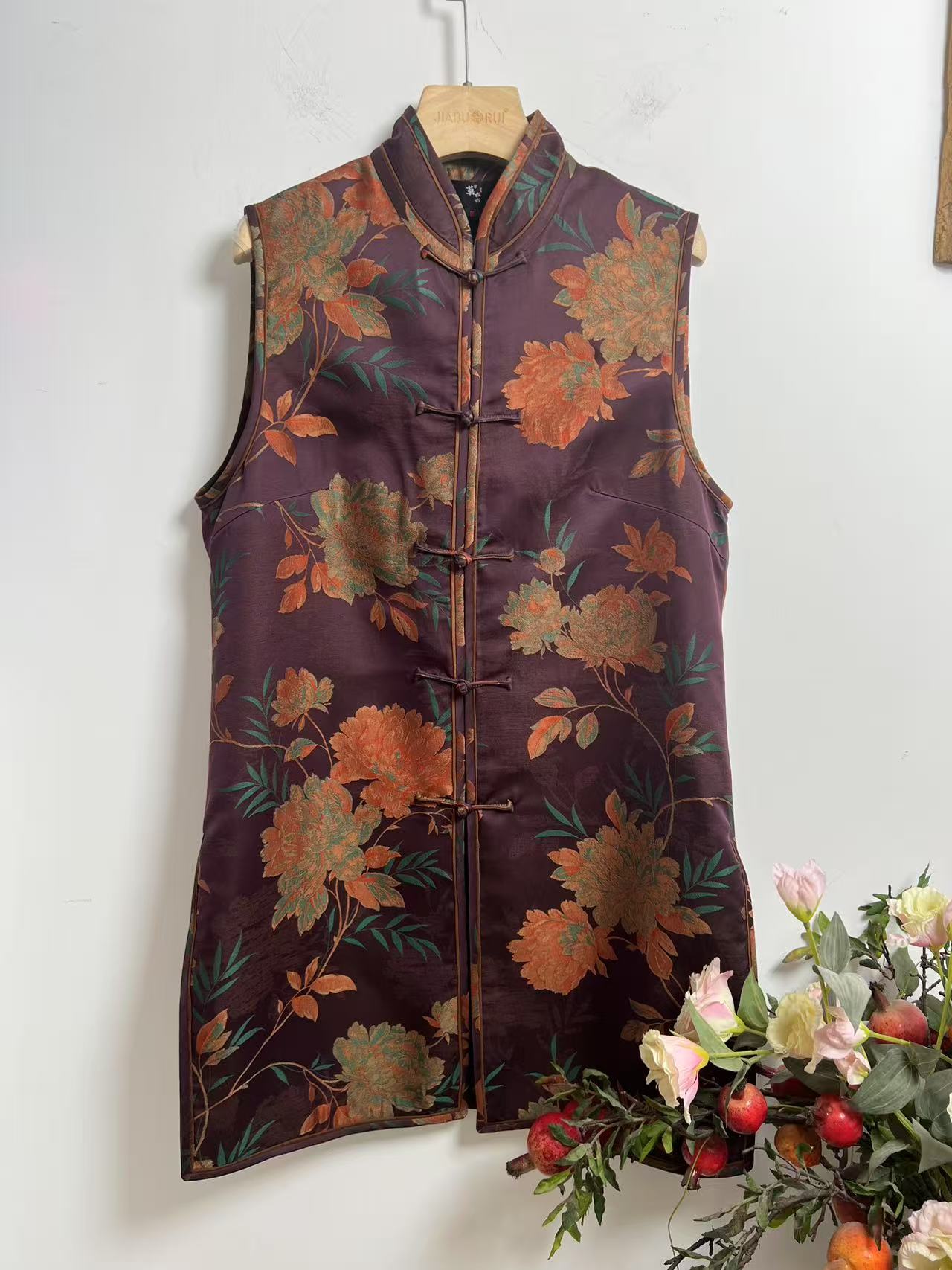 『绮玉』香云纱真丝桑蚕丝宋锦中国风气质中长款对襟马甲（25083）