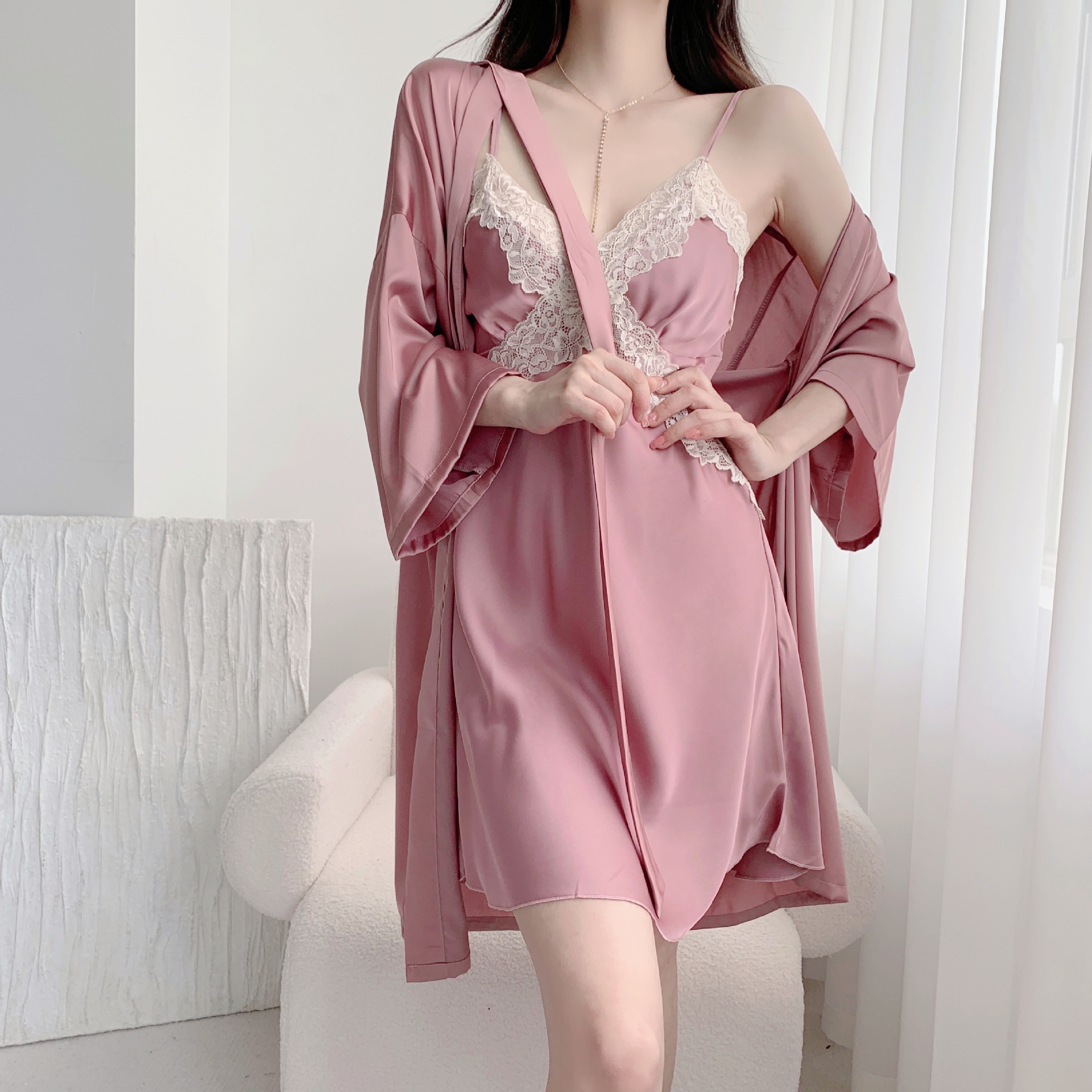 无袖吊带睡裙两套装家居服性感薄款睡袍女士春夏纯欲胸垫舒适蕾丝