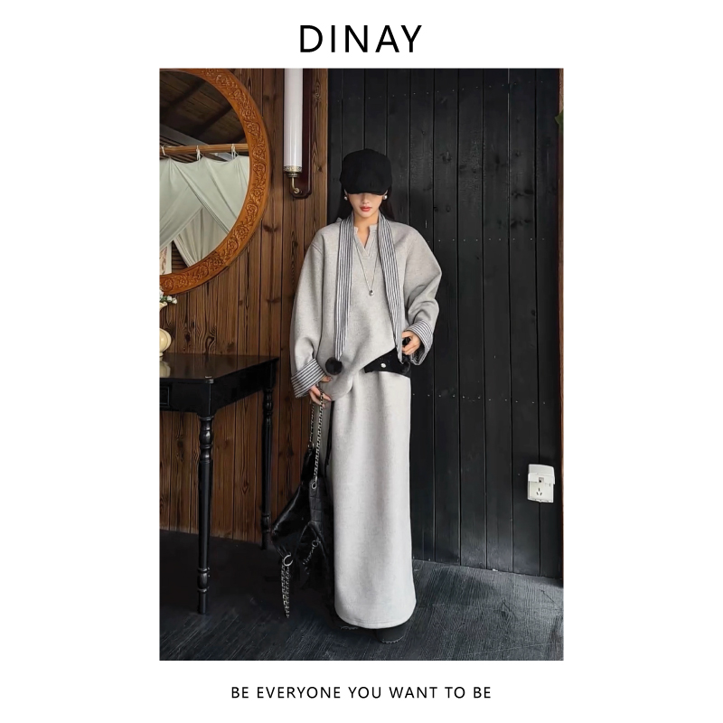 DINAY迪奈 秋冬休闲百搭宽松纯色V领羊绒加绒长袖半身裙套装三件