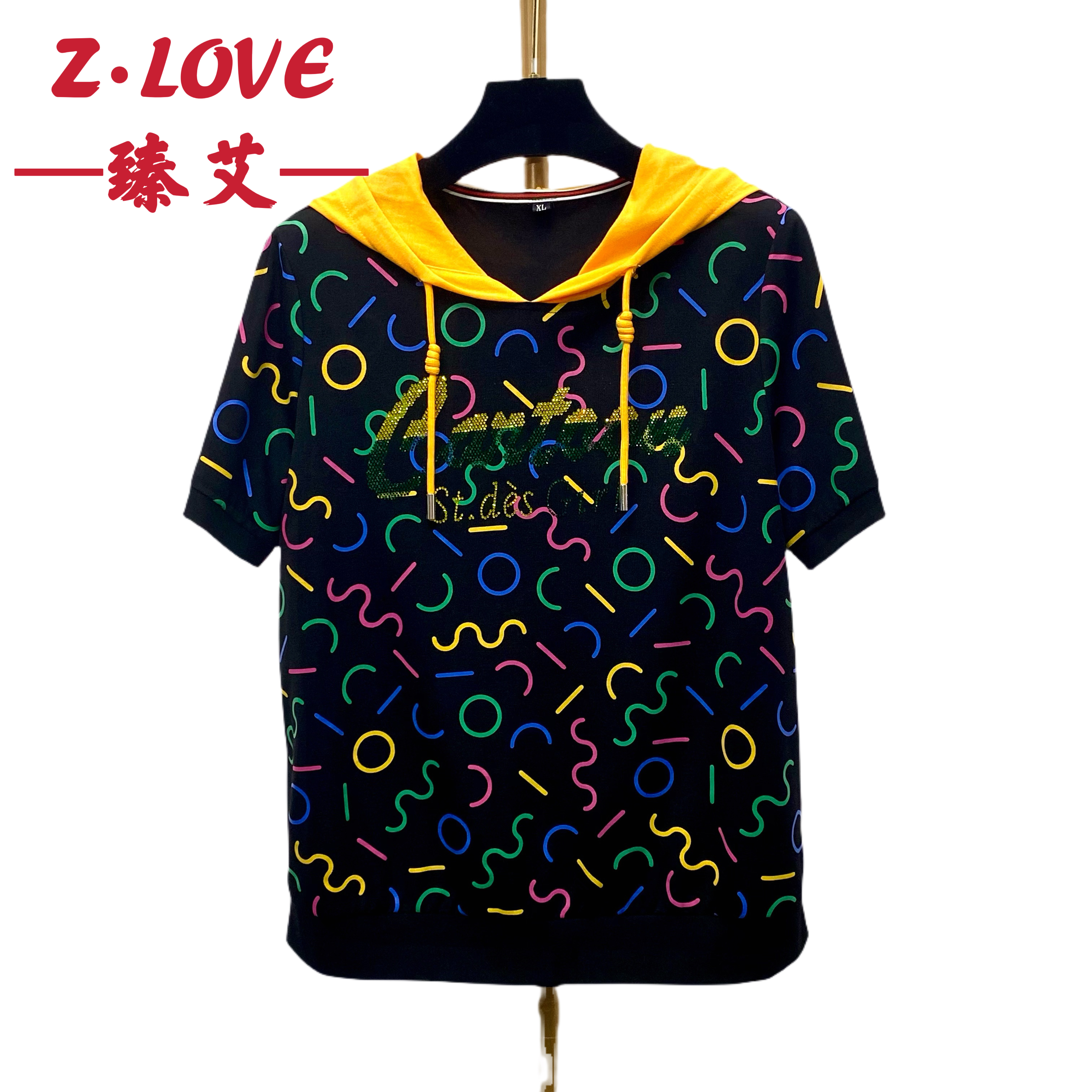 【炫彩之旅连帽上衣】时尚休闲夏季印花针织百搭黑色显瘦半袖气质