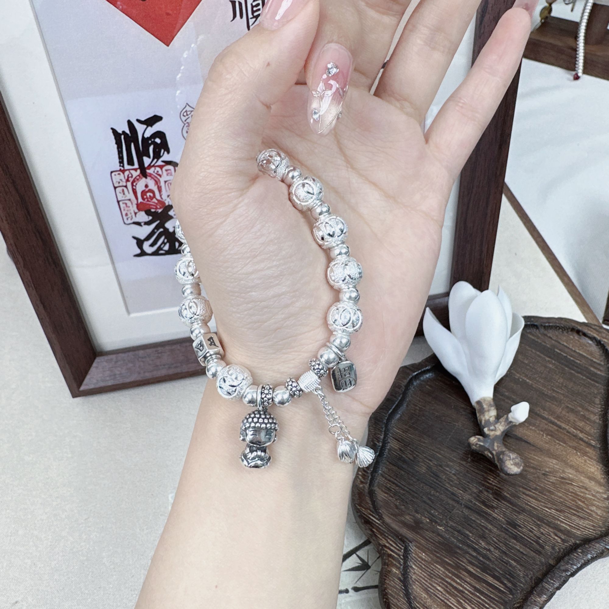 足银手链 六字真言莲花佛转运珠弹力绳百搭手链