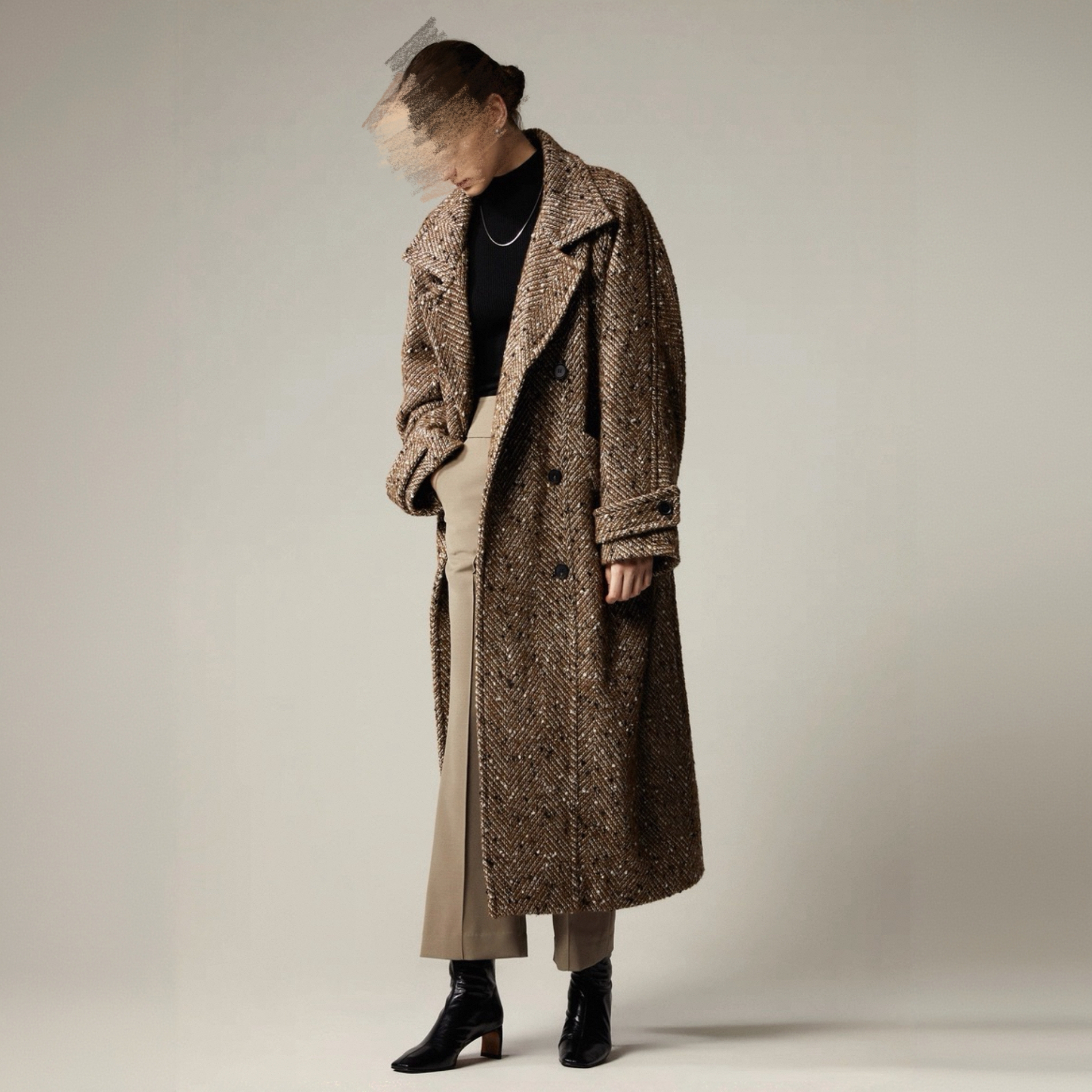 「HMM」南油棕色羊毛人字纹大衣