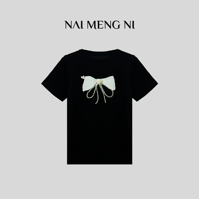 【火火】26N3386 气质珍珠蝴蝶短袖百搭圆领时尚女士休闲上衣T恤