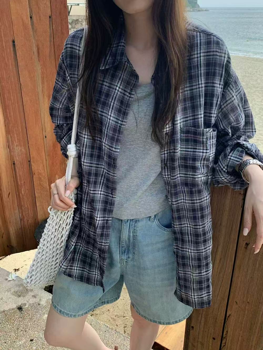 miluroom米鹿68868格子衬衫女2025夏薄款单排扣上衣休闲宽松衬衣