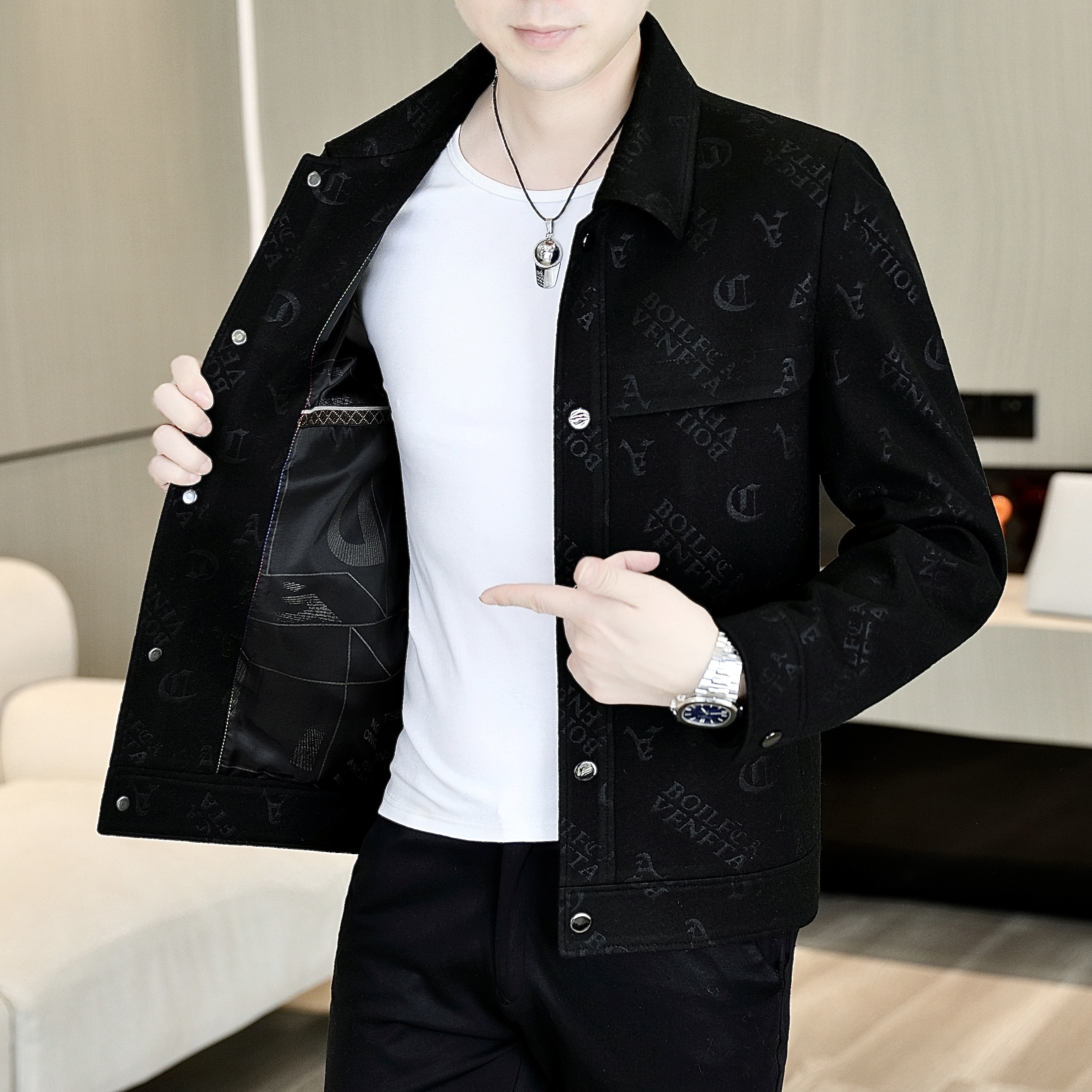 2025秋季休闲男士翻领时尚商务夹克百搭潮流韩版修身磨毛外套8803