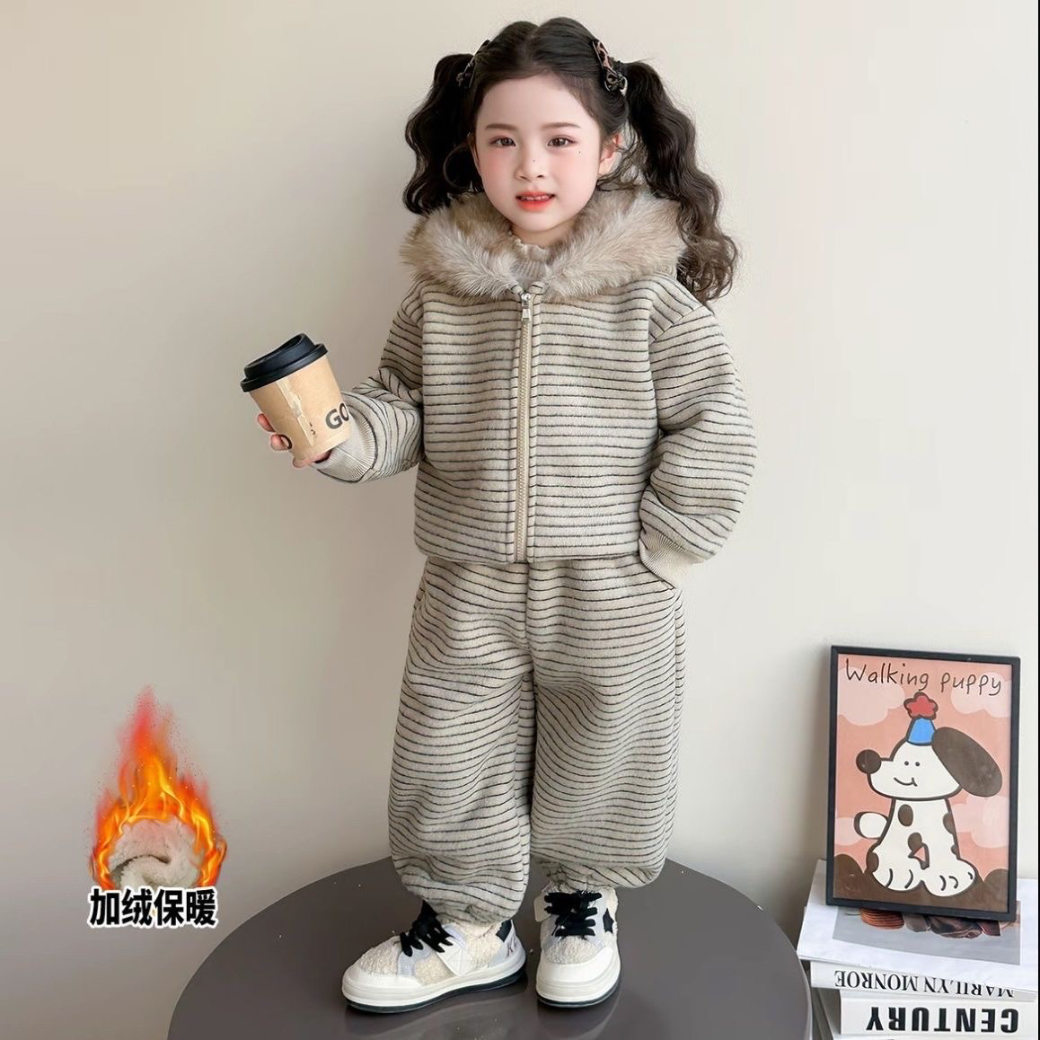 男女童加绒套装新款冬季加厚条纹连帽外套保暖卫裤