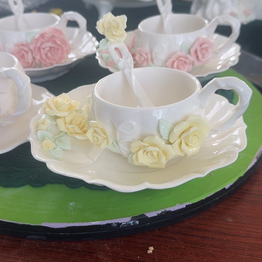 玫瑰花咖啡杯碟加勺子