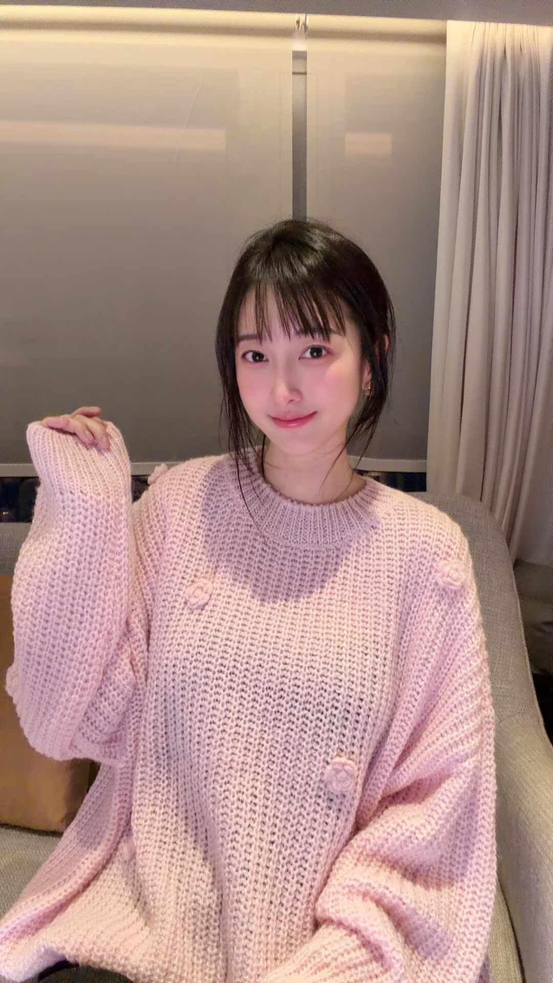 【张静芝】新品~简约百搭少女粉嫩立体手工花朵粗棒针织套头毛衣