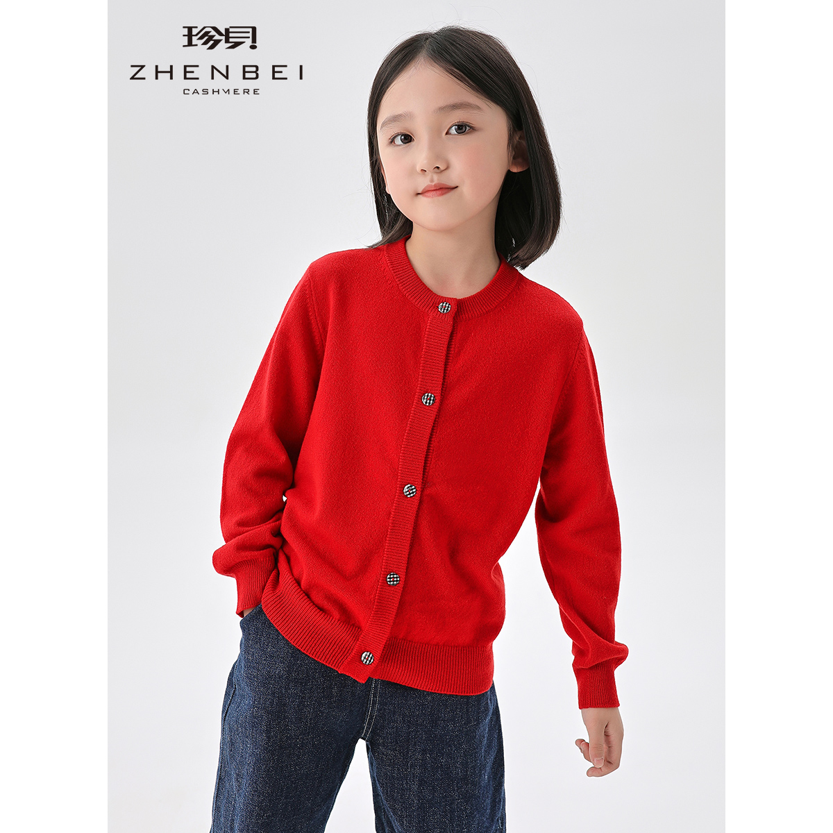 ZB/珍贝新款圆领纯羊绒衫7-8-9纯色简约针织开衫男女K11