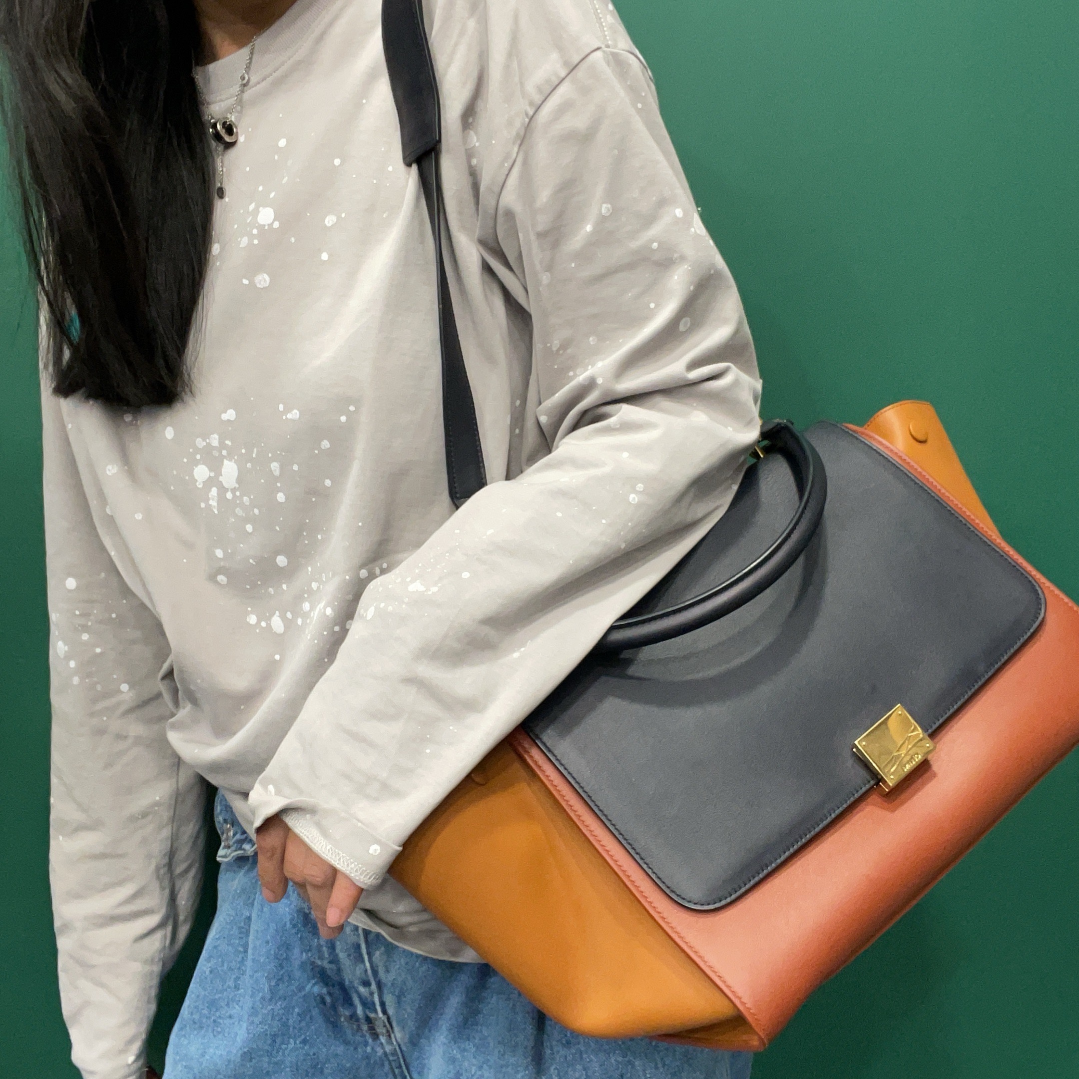 95新 Celine/思琳 【KK】 88 1220 黑橙拼色金扣手提单肩包